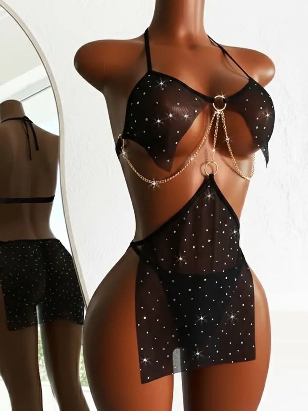 Black, Chain & Rhinestone, Lingerie Set - Picture 3 of 5